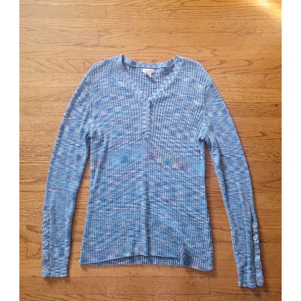 Sundance Blue Henley Top Long Sleeve Ribbed Knit Thermal Boho Size XL
